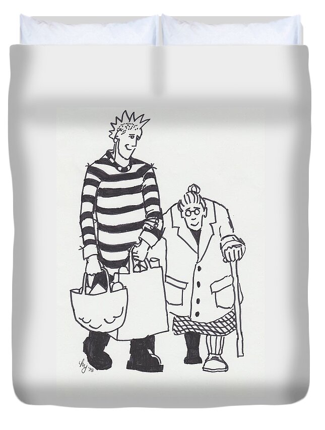 Punk Rocker With Grandmother Cartoon Duvet Cover For Sale By Mike Jory