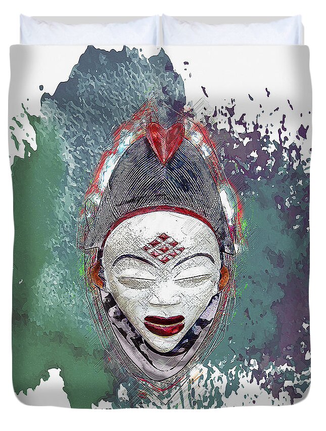 'treasures Of Africa' Collection By Serge Averbukh Duvet Cover featuring the digital art Punu Mask - Maiden Spirit Mukudji by Serge Averbukh