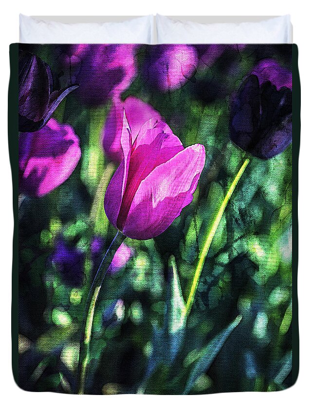 Tulips Duvet Cover featuring the painting Purple and PInk Tulip Companions by Jani Bryson