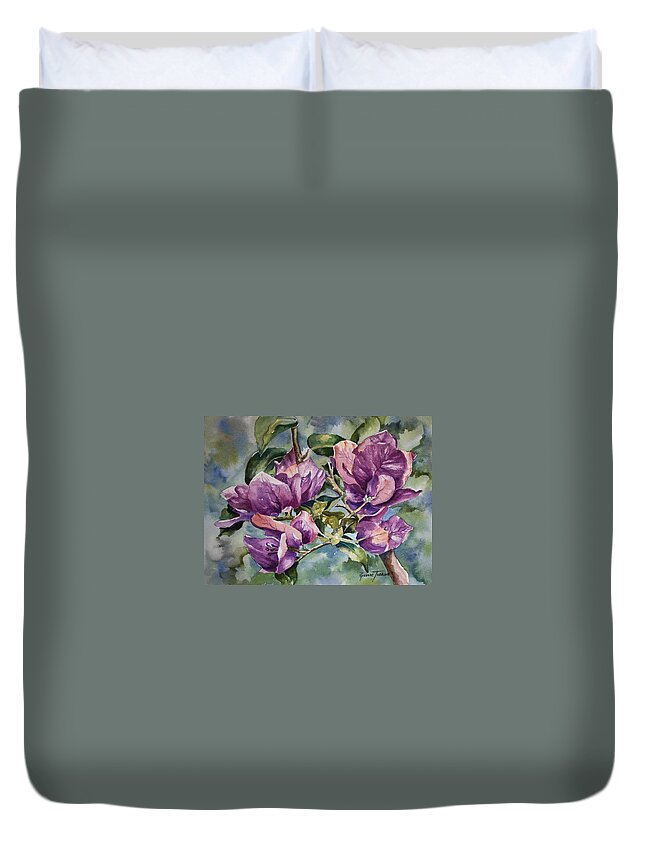Bougainvillea Duvet Cover featuring the painting Purple Beauties - Bougainvillea by Roxanne Tobaison