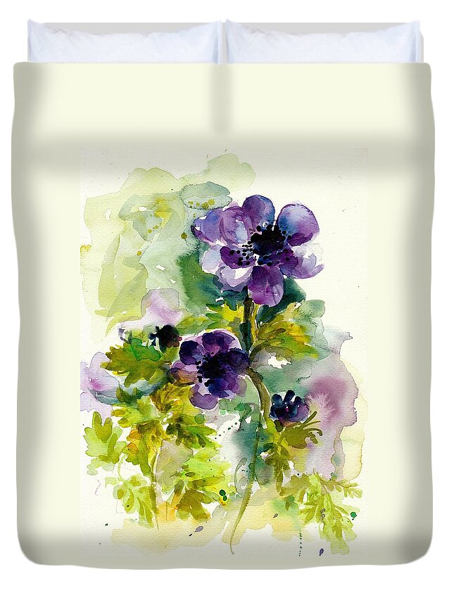Purple Blue Anemones Flowers Watercolor Duvet Cover For Sale By