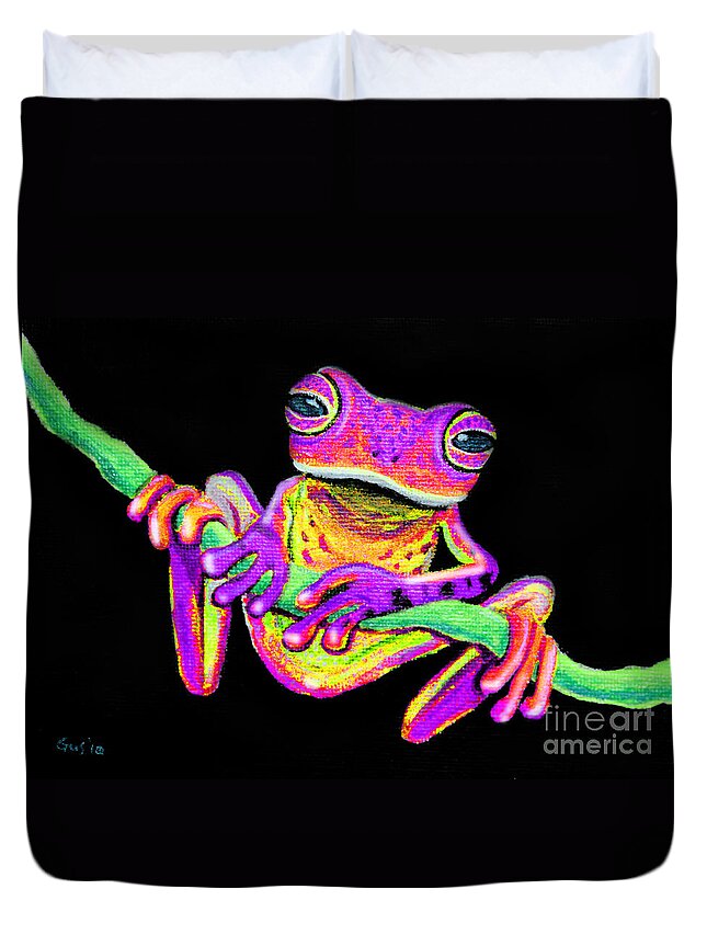 Purple Frog Duvet Cover featuring the painting Purple frog on a vine by Nick Gustafson