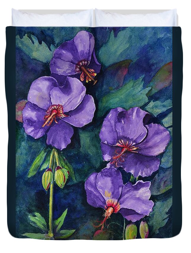 Hybiscus Duvet Cover featuring the painting Purple Hibiscus by Jane Ricker