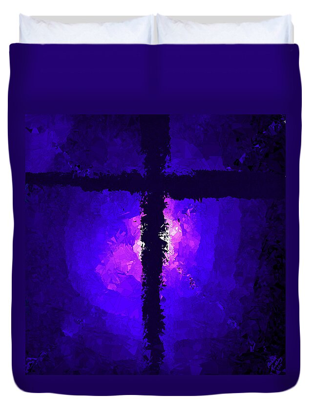 Purple Duvet Cover featuring the painting Purple Light behind the Cross by Bruce Nutting