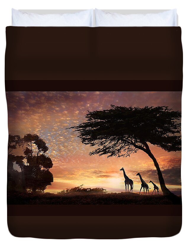 Giraffe Duvet Cover featuring the photograph Purple Safari Sunset by Melinda Hughes-Berland