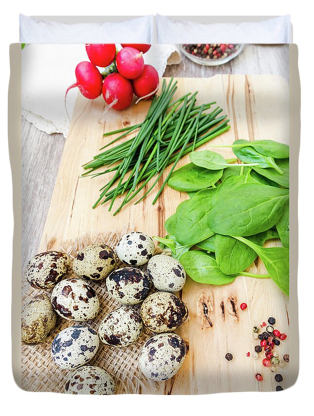 Cutting Board Duvet Cover featuring the photograph Quail Eggs And Herbs by Cristians.ro