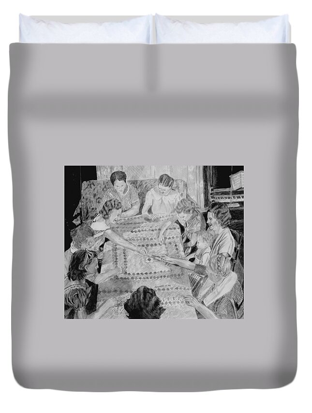 People Duvet Cover featuring the drawing Quilting Bee by Quwatha Valentine