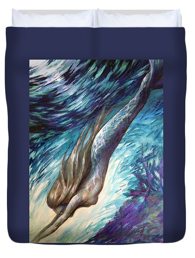Mermaid Duvet Cover featuring the painting Racing Twilight by Lucy West