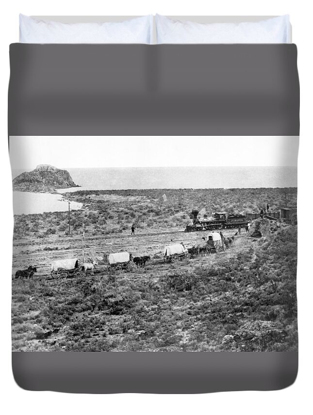 1868 Duvet Cover featuring the photograph Railroad Meets Wagon Train by Underwood Archives