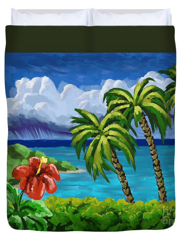 Rain Duvet Cover featuring the painting Rain In The Islands by Tim Gilliland