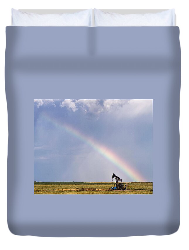 Kansas Duvet Cover featuring the photograph Rainbow and oil pump by Rob Graham