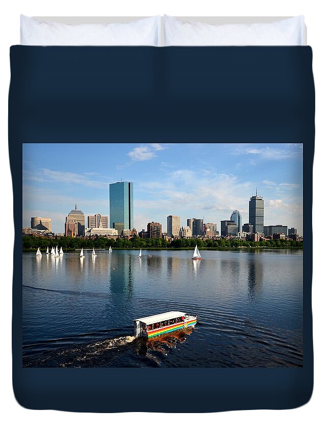 Boston Duvet Cover featuring the photograph Rainbow Duck boat on the Charles by Toby McGuire