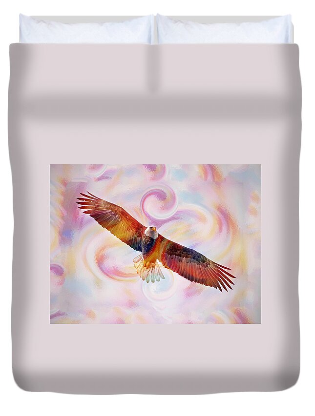 Bald Eagle Duvet Cover featuring the painting Rainbow Flying Eagle watercolor painting by Georgeta Blanaru