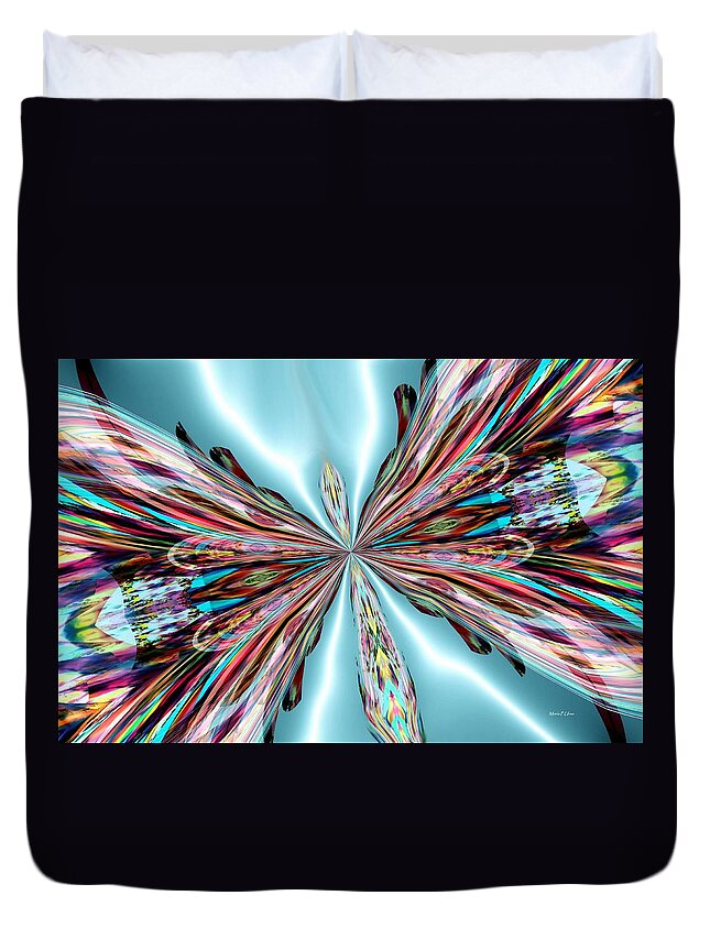 Rainbow Duvet Cover featuring the digital art Rainbow Glass Butterfly on Blue Satin by Maria Urso