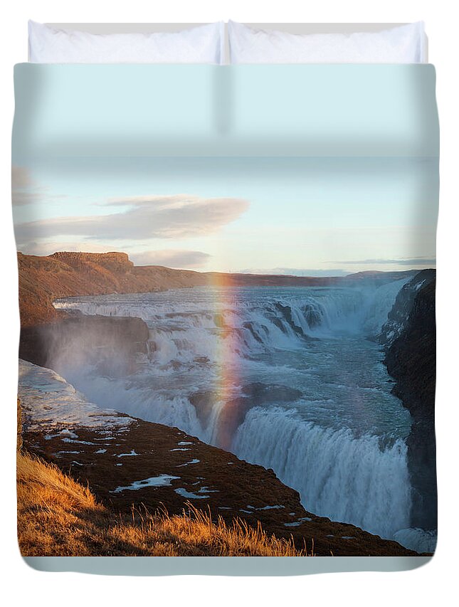 Scenics Duvet Cover featuring the photograph Rainbow Over Gulfoss Waterfall, South by Peter Adams