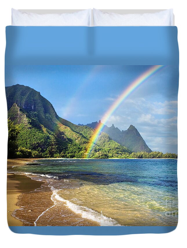 Amazing Duvet Cover featuring the photograph Rainbow over Haena Beach by M Swiet Productions