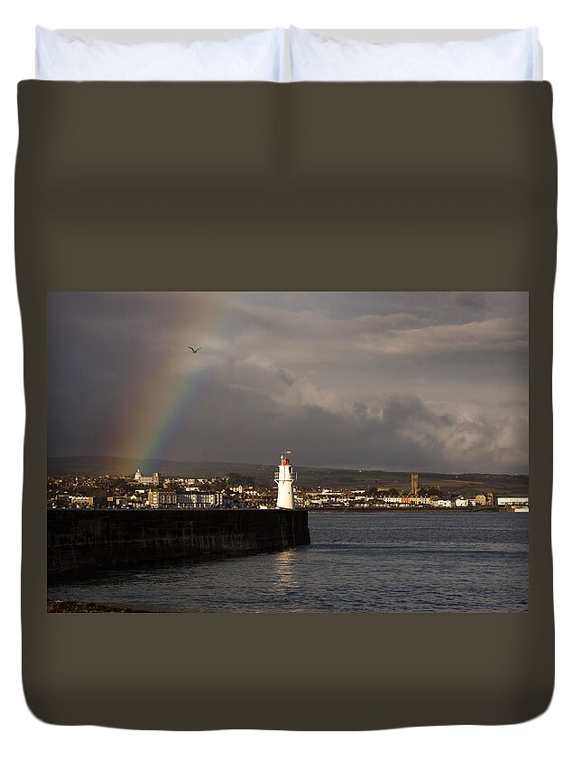 Rainbow Duvet Cover featuring the photograph Rainbow over Newlyn Harbour Lighthouse by Tony Mills