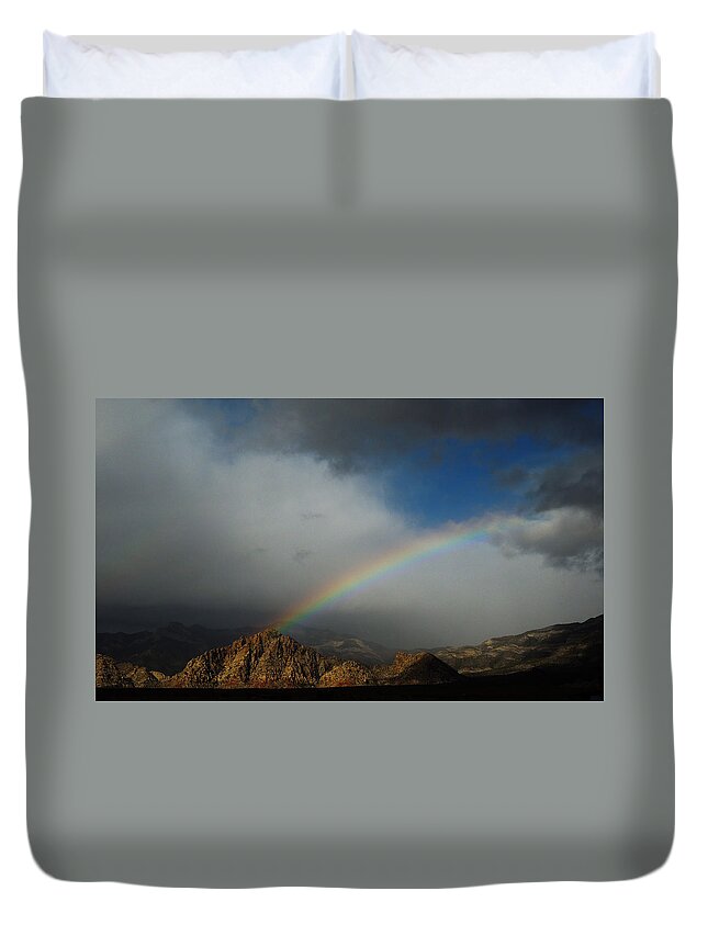 Rainbow Duvet Cover featuring the photograph Rainbow Over Red Rock Canyon by Alan Socolik