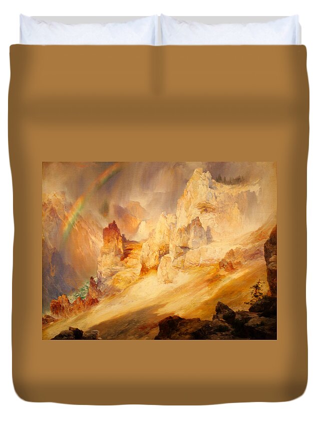 Thomas Moran Duvet Cover featuring the painting Rainbow over the Grand Canyon of the Yellowstone by Thomas Moran