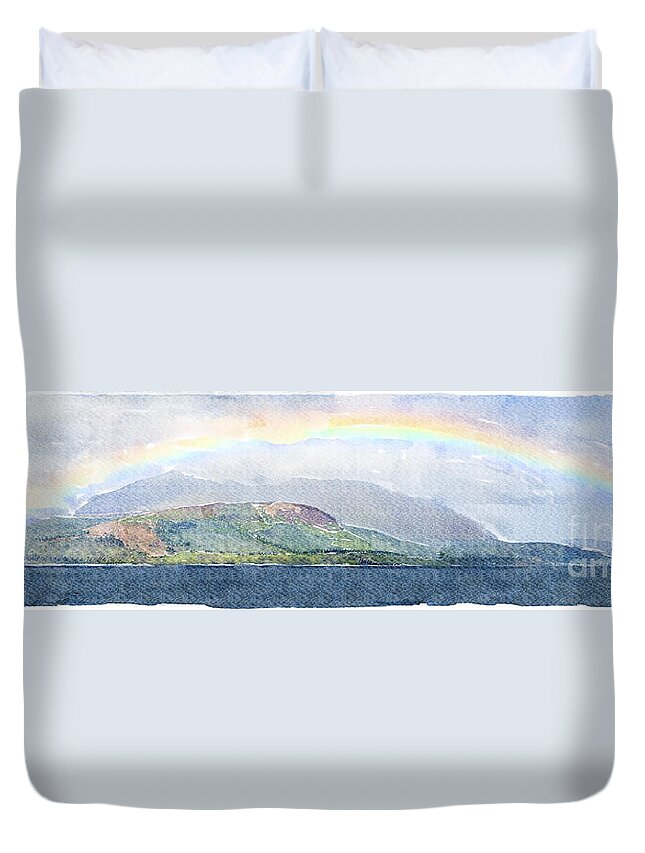 Arran Duvet Cover featuring the digital art Rainbow over the Isle of Arran by Liz Leyden