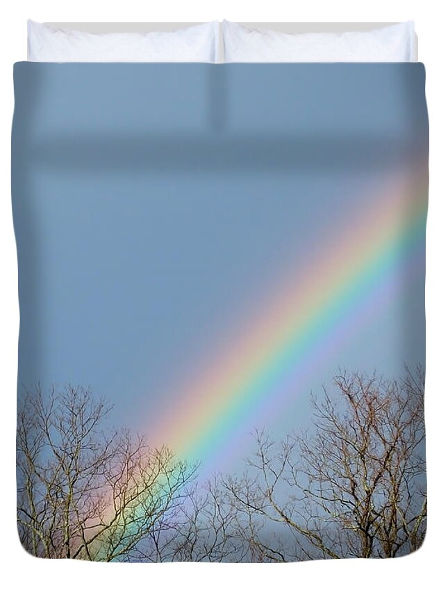 Artoffoxvox Duvet Cover featuring the photograph Rainbow through the Tree Tops by Kristen Fox