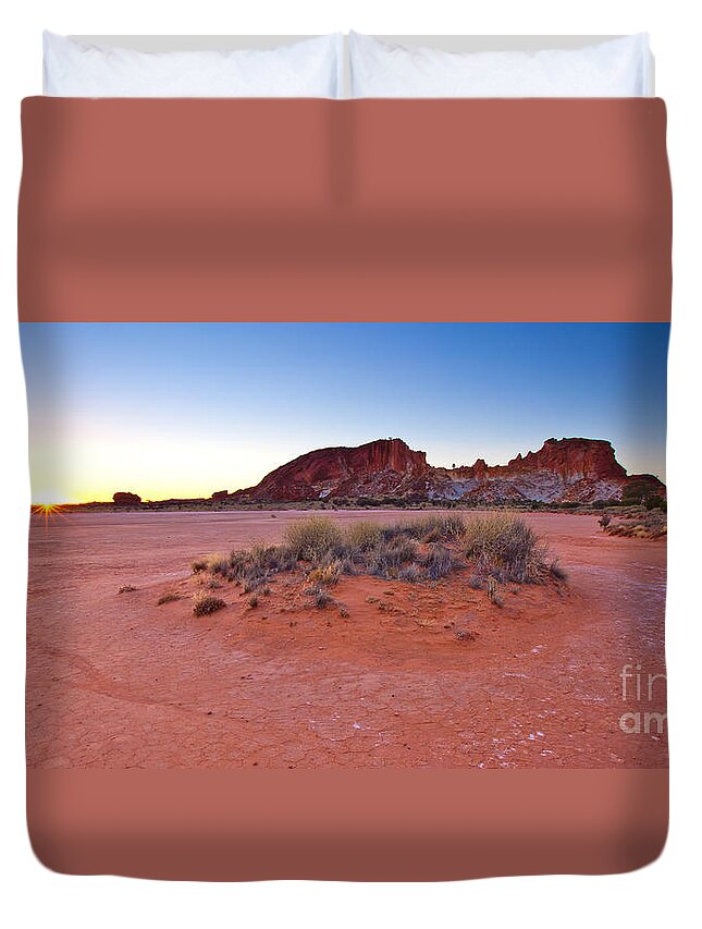 Rainbow Valley Sunrise Outback Landscape Central Australia Water Hole Northern Territory Australian Clay Pan Duvet Cover featuring the photograph Rainbow Valley sunrise by Bill Robinson