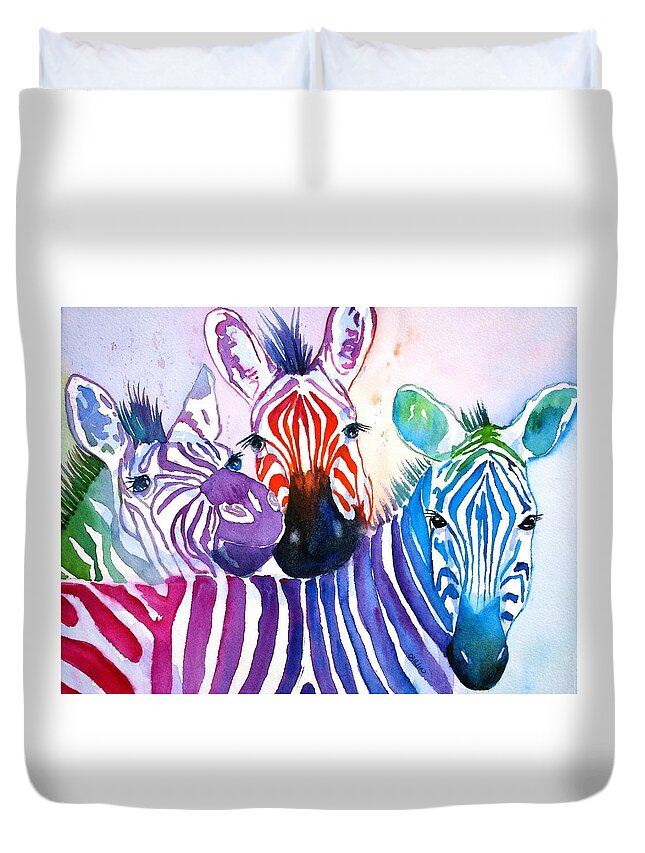 Zebra Duvet Cover featuring the painting Rainbow Zebra's by Carlin Blahnik CarlinArtWatercolor