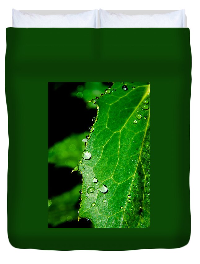 Raindrops Duvet Cover featuring the photograph Raindrops On Green Leaf by Andreas Berthold