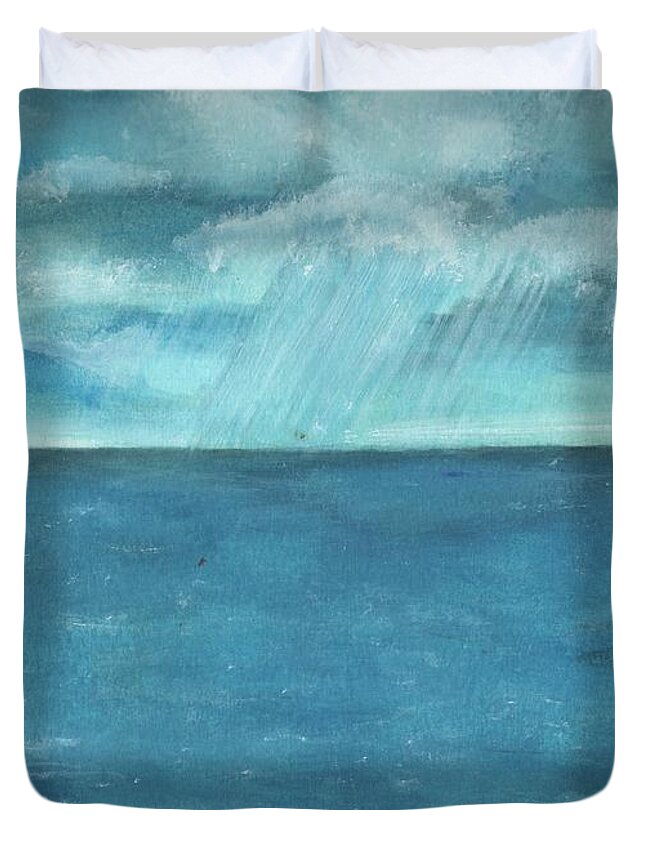 Seascape Scenery Of The Caribbean Rain Storm With A Couple Boats In The Water Blues Duvet Cover featuring the painting Raining On The Caribbean by Myrtle Joy