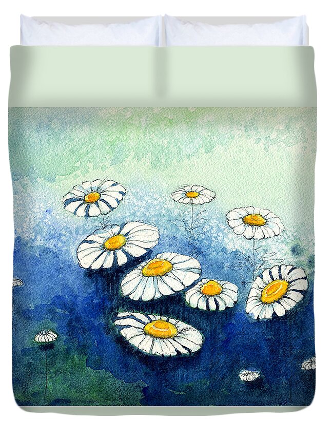 Indigo Duvet Cover featuring the painting Rainy Daisies by Katherine Miller
