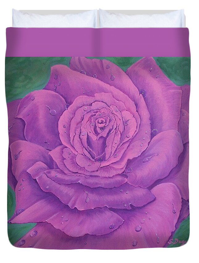 Flower Duvet Cover featuring the painting Rainy Day Rose by Sharon Duguay