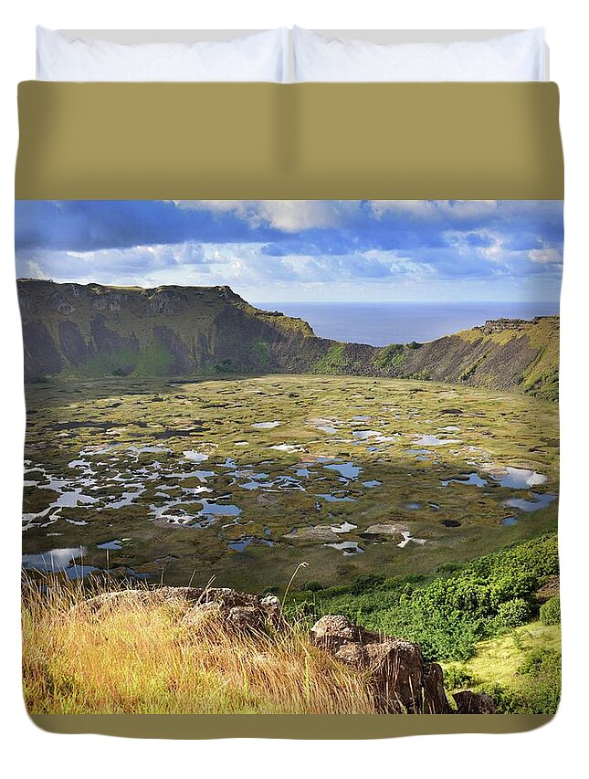 Tranquility Duvet Cover featuring the photograph Rano Kau Crater, Rapa Nui by 27ray Ii