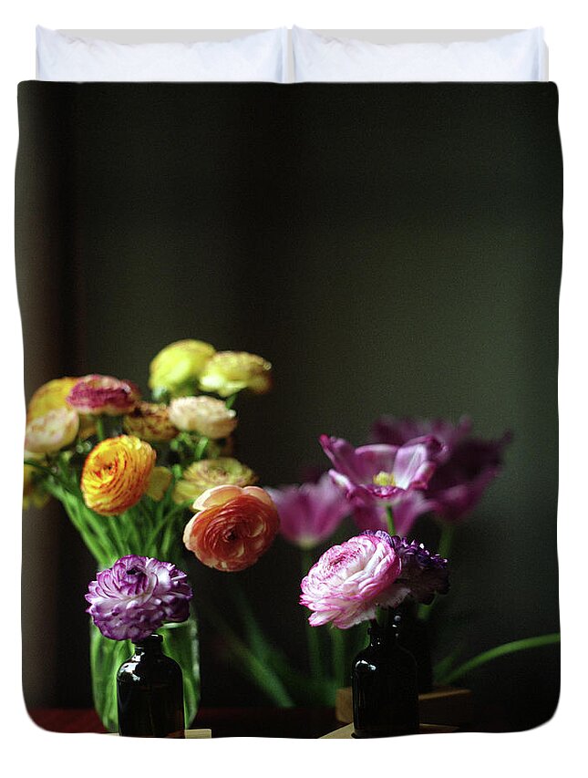Vase Duvet Cover featuring the photograph Ranunculus In Window Light by Anne Lucas