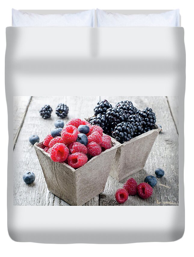 Black Color Duvet Cover featuring the photograph Raspberries And Blackberries In Boxes by Olena Gorbenko Delicious Food