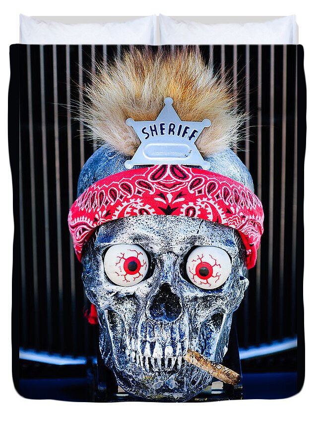 Skull Duvet Cover featuring the photograph Rat Rod Skull Hood Ornament 2 by Jill Reger