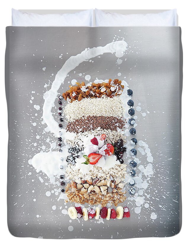 Natural Pattern Duvet Cover featuring the photograph Raw Nuts, Fruit And Grains With Cream by Laurie Castelli