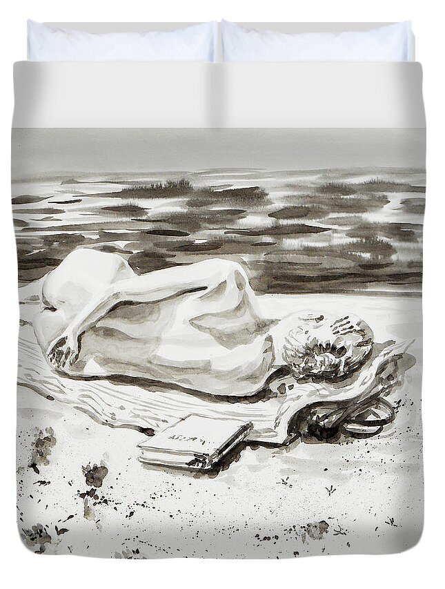 Nude Duvet Cover featuring the drawing Reclining Nude Study Resting At The Beach by Irina Sztukowski