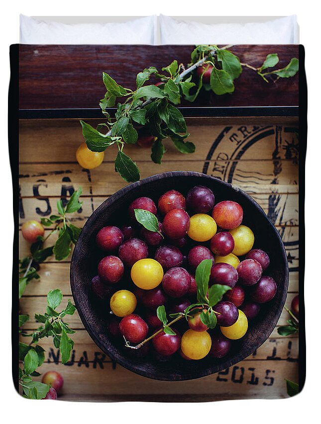 Plum Duvet Cover featuring the photograph Red And Yellow Plums by Ingwervanille