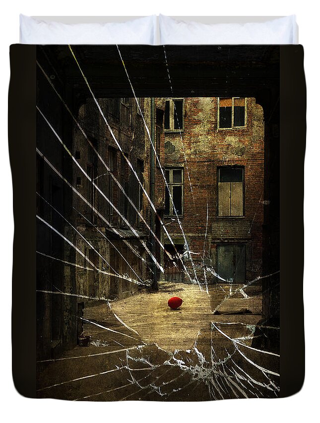 Baloon Duvet Cover featuring the photograph An old courtyard and red baloon on the floor seeing through broken window glass by Jaroslaw Blaminsky