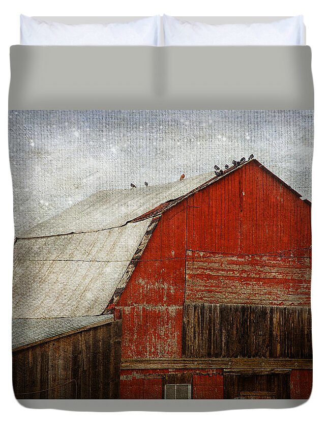 Barn Duvet Cover featuring the photograph Red Barn And First Snow by Theresa Tahara
