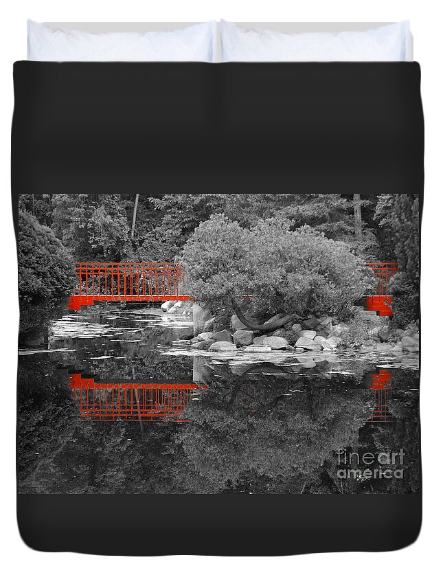 Black Duvet Cover featuring the photograph Red Bridge Black and White by Erick Schmidt