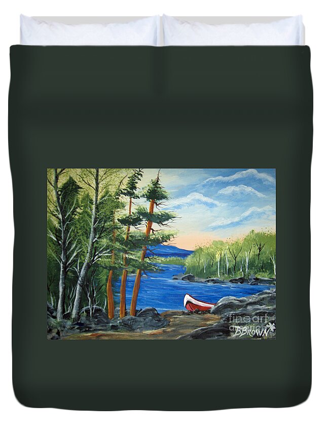 Clouds Duvet Cover featuring the painting Red Canoe by Brenda Brown