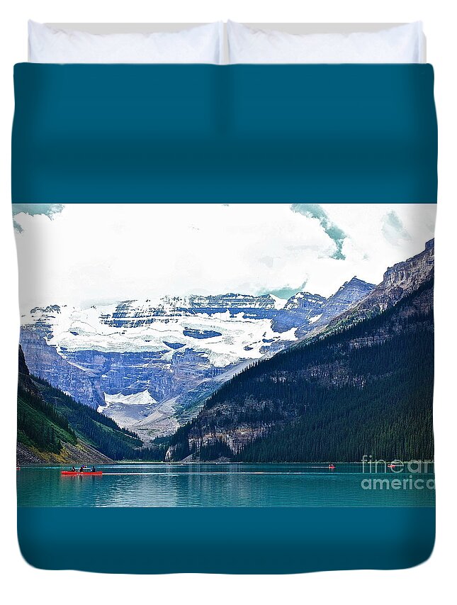 Lake Louise Alberta Red Duvet Cover featuring the photograph Red Canoes Turquoise Water by Linda Bianic
