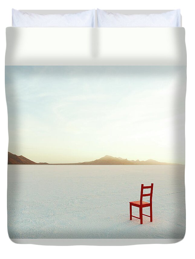 Tranquility Duvet Cover featuring the photograph Red Chair On Salt Flats, Facing The by Andy Ryan