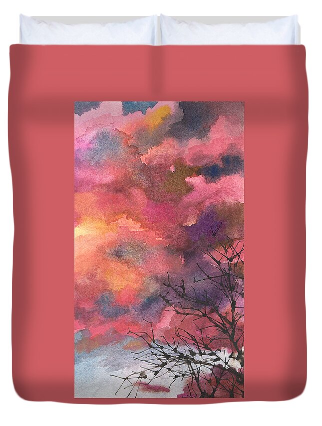 Sunset Painting Duvet Cover featuring the painting Red Clouds with Twig Tree by Anne Gifford