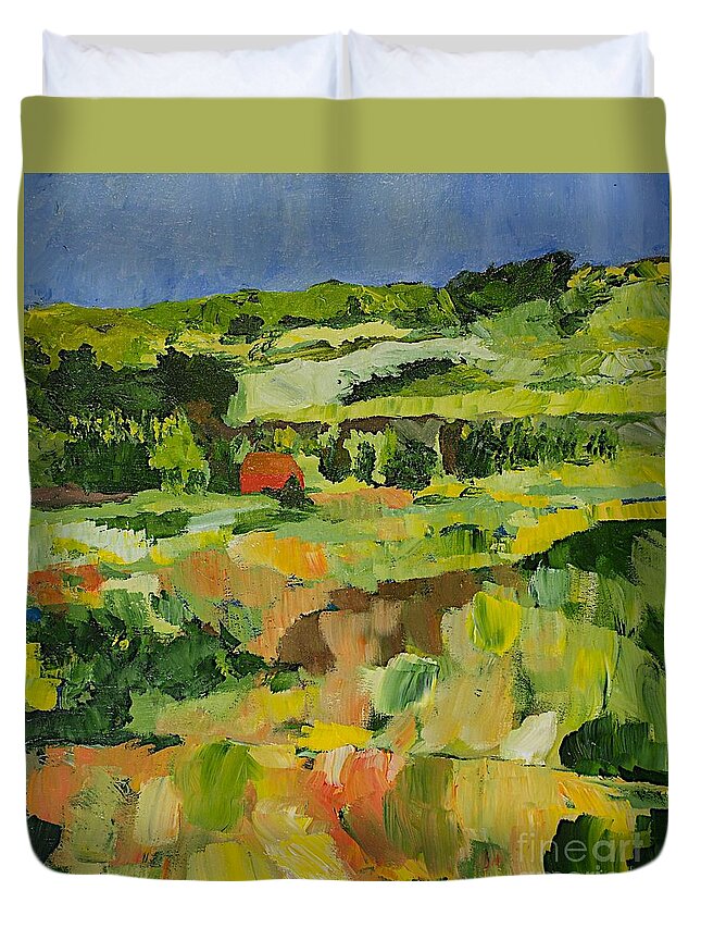 Landscape Duvet Cover featuring the painting Red Cottage by Allan P Friedlander