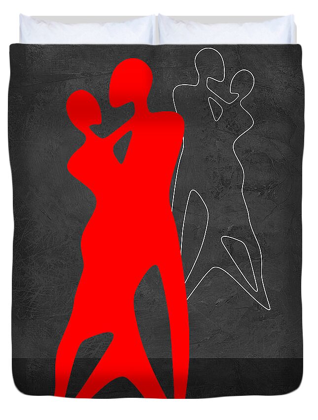 Abstract Duvet Cover featuring the painting Red Couple Dance by Naxart Studio