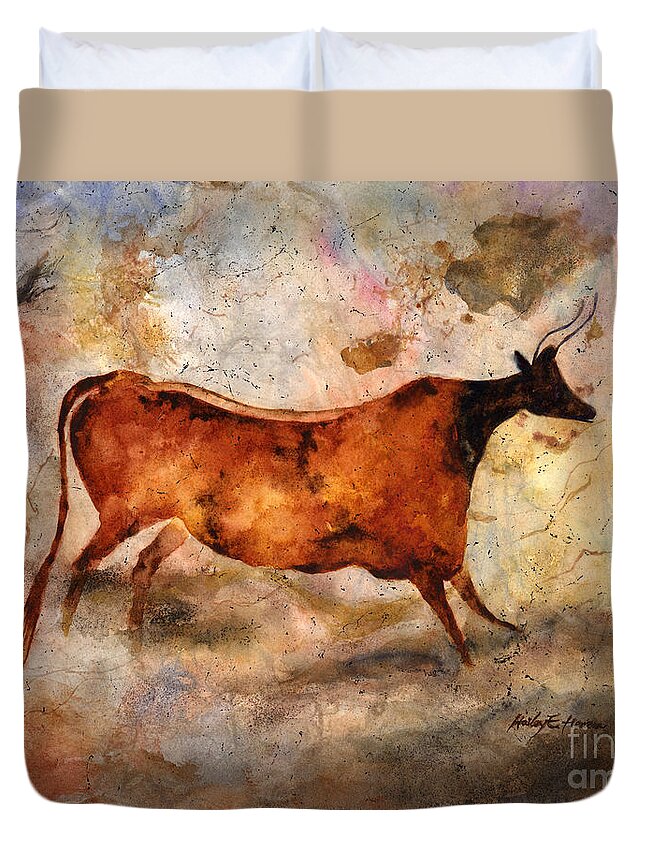Cave Duvet Cover featuring the painting Red Cow by Hailey E Herrera