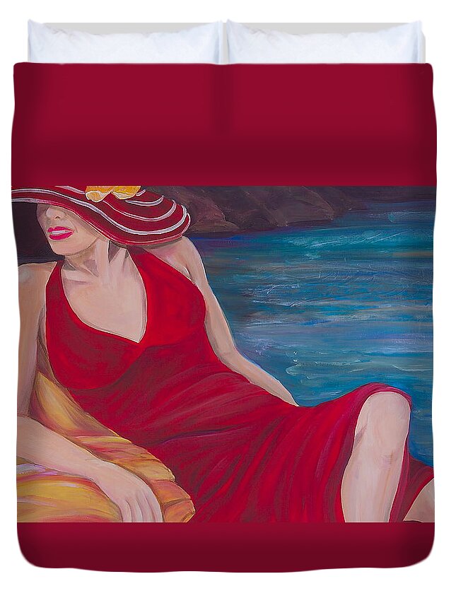 Woman Duvet Cover featuring the painting Red Dress Reclining by Debi Starr