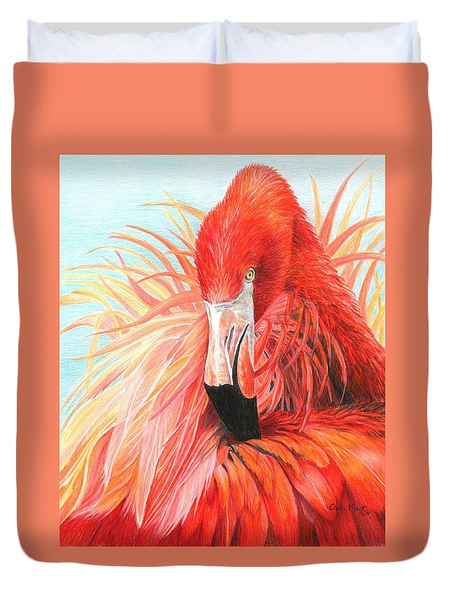 Red Duvet Cover featuring the painting Red Flamingo by Carla Kurt